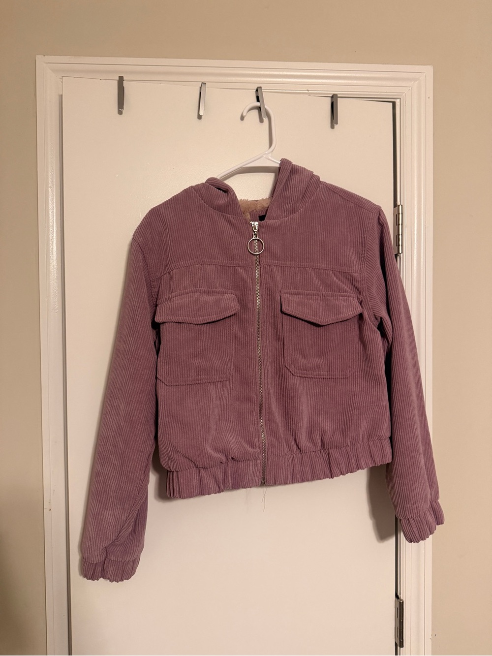 Girls Mauve Corduroy Hooded Jacket with Pocket Flaps